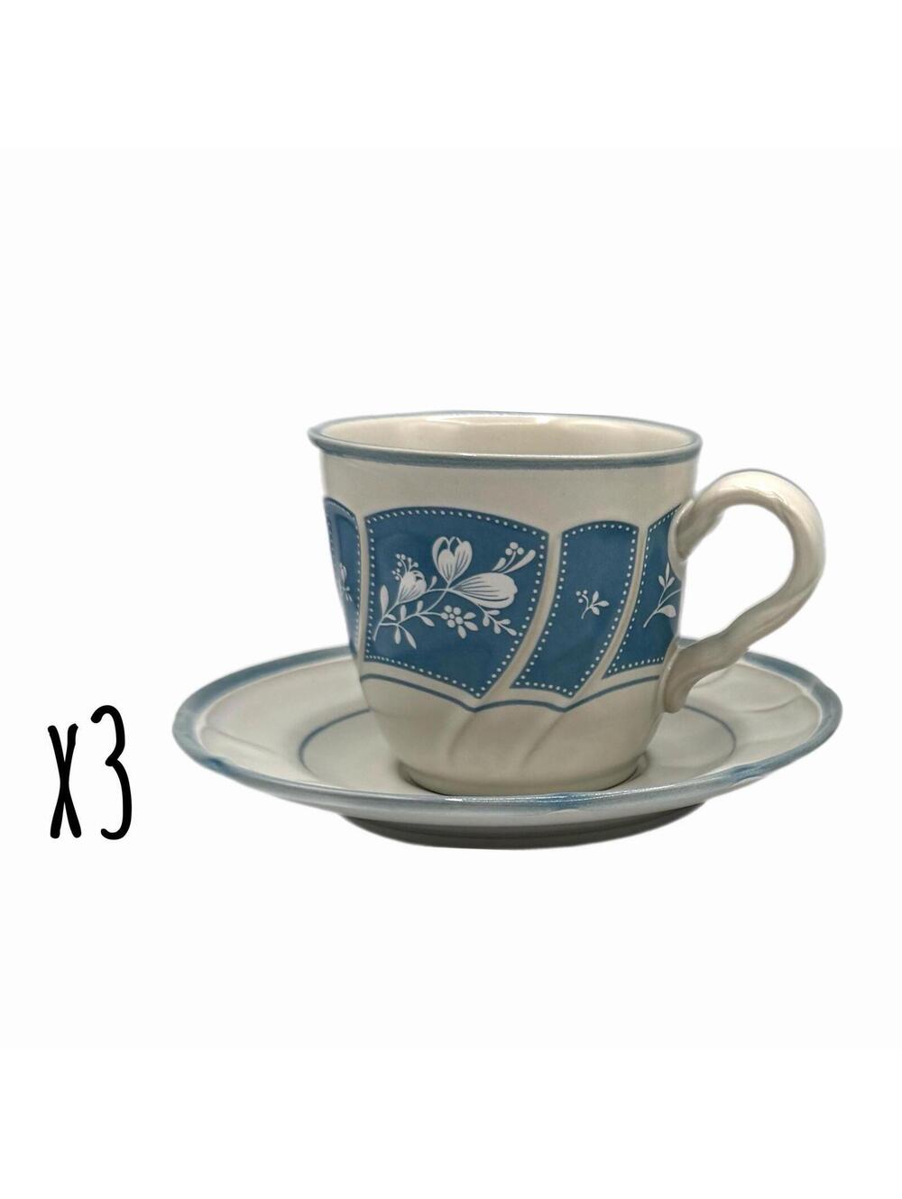 Set of 3 Vintage Noritake Victory Blue Teacups & Saucer Sets